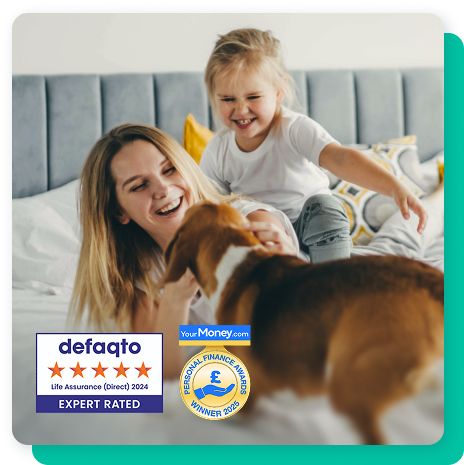Mother and daughter play with a beagle. Award logos - Defaqto expert rated 2025 and YourMoney.com Personal finance award 2025